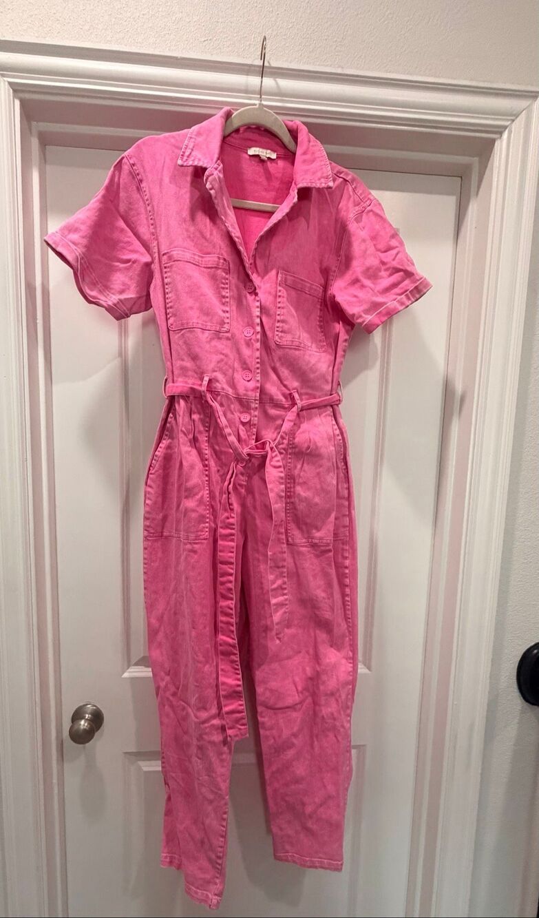 Skies Are Blue Pink Utility Jumpsuit Short Sleeve Boiler Suit Belted Small S
